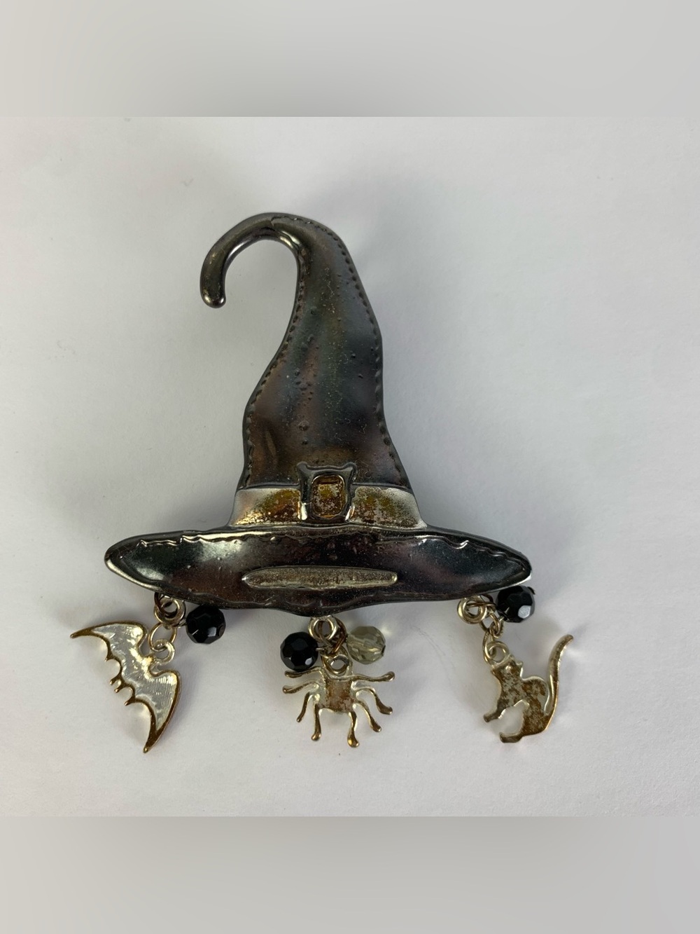 Witch Hat Halloween Pin with Bat, Spider, and Cat Charms